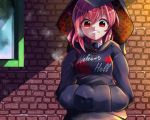  1girl adapted_costume brick_wall clenched_teeth clothes_writing hands_in_pockets hecatia_lapislazuli highres hood hood_up hoodie looking_at_viewer neruzou red_eyes redhead short_hair solo teeth touhou 