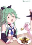  admiral_(kantai_collection) bow closed_eyes detached_sleeves feeding food green_hair hair_bow hair_ornament hairclip kantai_collection long_hair misumi_(niku-kyu) open_mouth plate spoon table yamakaze_(kantai_collection) 
