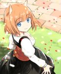  1girl alternate_costume animal_ears blue_eyes brave_witches brick_floor brown_hair commentary confetti dirndl dress eyebrows_visible_through_hair german_clothes grass gundula_rall looking_at_viewer looking_back short_hair smile solo tsuchii_(ramakifrau) wolf wolf_ears world_witches_series 