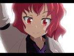  1girl backlighting cato_(monocatienus) close-up commentary_request face horikawa_raiko jacket letterboxed necktie pov red_eyes redhead solo touhou wall_slam white_jacket 