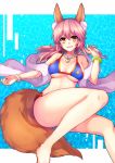  1girl animal_ears bikini blue_bikini blush breasts fate/grand_order fate_(series) fox_ears fox_tail highres jewelry large_breasts long_hair looking_at_viewer necklace pink_hair side-tie_bikini smile solo swimsuit tail tamamo_(fate)_(all) tamamo_no_mae_(swimsuit_lancer)_(fate) udon_(improvisation) yellow_eyes 