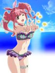  1girl bikini bow breasts brown_eyes flower frilled_bikini frills hair_bow hair_flower hair_ornament hal-py jewelry large_breasts long_hair looking_at_viewer macross macross_delta makina_nakajima nail_polish navel necklace ocean one_eye_closed open_mouth pink_hair sky smile solo standing star swimsuit walkure_(macross_delta) 