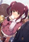 1girl bag blurry blush brown_eyes brown_hair buttons coat commentary_request covering_mouth depth_of_field double-breasted eyebrows_visible_through_hair from_above gloves hand_over_own_mouth idolmaster idolmaster_cinderella_girls looking_at_viewer looking_up ogata_chieri ogipote outdoors pleated_skirt scarf shoes short_hair sidelocks skirt solo_focus twintails winter_clothes winter_coat