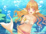  1girl artist_name blonde_hair breasts bubble hokko jewelry long_hair mermaid monster_girl necklace original pearl_necklace pink_eyes smile solo underwater watermark web_address 