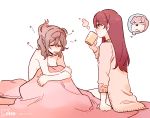  2girls aftersex artist_name closed_eyes commentary_request cup dog drinking grey_hair imagining long_hair long_sleeves love_live! love_live!_sunshine!! messy_hair mug multiple_girls naked_sweater nude open_mouth pillow pito_(sh02327) redhead sakurauchi_riko simple_background sitting sleepy steam sweater twitter_username under_covers watanabe_you white_background yuri 