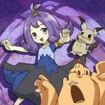  1girl ^_^ acerola_(pokemon) armlet closed_eyes dress flipped_hair grey_eyes highres looking_at_viewer mimikyu_(pokemon) open_mouth outstretched_arms palossand pokemon pokemon_(creature) pokemon_(game) purple_hair runachikku shovel stitches topknot trial_captain worktool 