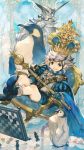  &gt;:) 1boy blue_eyes blue_gloves boots cape chess_piece chessboard child crown emperor_penguin gloves grey_hair highres looking_at_viewer medal nejita original pillar puffy_sleeves scepter shorts shoulder_belt sitting solo statue tarot the_emperor throne vambraces 