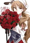  1girl bare_shoulders bouquet breasts brown_eyes brown_hair detached_sleeves flower hat headdress kantai_collection large_breasts littorio_(kantai_collection) long_hair looking_at_viewer morinaga_(harumori) necktie pleated_skirt ponytail red_rose rose shirt skirt sleeveless sleeveless_shirt solo text wavy_hair 
