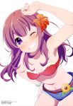  1girl absurdres bikini_top blush breasts cleavage flower girlish_number hair_flower hair_ornament highres karasuma_chitose kinoshita_sumie long_hair one_eye_closed purple_hair shorts smile solo violet_eyes white_background 