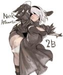  1girl black_gloves black_legwear blindfold blush breasts gloves grey_hair hairband highres mole mole_under_mouth nier_(series) nier_automata one_leg_raised panties simple_background solo tetsu_(kimuchi) thigh-highs underwear white_background white_panties yorha_unit_no._2_type_b 