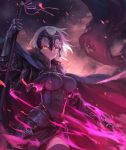  1girl armor armored_dress black_legwear breasts capelet cowboy_shot fate/grand_order fate_(series) fire floating_hair fur_trim glowing glowing_sword glowing_weapon harupy headpiece highres holding holding_flag holding_sword holding_weapon jeanne_alter large_breasts looking_at_viewer parted_lips ruler_(fate/apocrypha) silver_hair smile solo sword teeth thigh-highs weapon yellow_eyes 