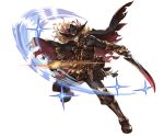  1boy blonde_hair boots cape feathers gloves granblue_fantasy hat lamp long_hair lucius_(granblue_fantasy) minaba_hideo official_art open_mouth orange_eyes solo sparkle sword teeth transparent_background weapon 