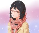  1girl artist_request bespectacled black_hair braid brown_eyes commentary french_braid glasses hair_ribbon highres kimi_no_na_wa miyamizu_mitsuha older open_mouth red_ribbon ribbon scarf snow solo spoilers 