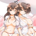  2girls akagi_(kantai_collection) alternate_costume arm_support arms_at_sides breasts brown_eyes brown_hair geckolion hair_between_eyes hand_on_own_chest kaga_(kantai_collection) kantai_collection large_breasts long_hair looking_at_viewer multiple_girls no_bra one_eye_closed open_clothes open_shirt panties puffy_short_sleeves puffy_sleeves shirt short_sleeves side_ponytail sketch thighs underwear white_panties 