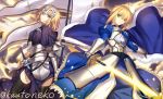  2girls armor back-to-back bangs black_legwear blonde_hair blue_dress blue_eyes breastplate dress excalibur fate/apocrypha fate/grand_order fate/stay_night fate_(series) faulds fur_trim gauntlets glowing glowing_sword glowing_weapon green_eyes headpiece holding holding_flag holding_sword holding_weapon juliet_sleeves kauto long_dress long_hair long_sleeves looking_at_viewer multiple_girls puffy_sleeves ruler_(fate/apocrypha) saber sheath sheathed standing sword thigh-highs twitter_username weapon 