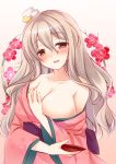  1girl :d alternate_costume breasts brown_eyes cleavage collarbone cup curly_hair headgear holding japanese_clothes kantai_collection kimono large_breasts long_hair looking_at_viewer open_mouth pola_(kantai_collection) rinka_(yuyutei) sakazuki silver_hair smile solo undressing yukata 