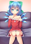  1girl alternate_costume blue_eyes blue_hair blue_panties bow cirno collarbone commentary_request couch finger_to_mouth flat_chest hair_bow hand_on_own_chest highres kirimori_toya knees_together looking_at_viewer matching_hair/eyes off_shoulder panties pantyshot pantyshot_(sitting) pink_background santa_costume short_hair simple_background sitting solo touhou underwear wings 