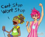  1boy 1girl clenched_hands crossover dark_skin dress fist_pump goggles hand_puppet israel_espinoza lazytown lucio_(overwatch) pink_dress pink_hair puppet stephanie_(lazytown) striped tracer_(overwatch) vertical-striped_dress vertical_stripes 