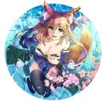 1girl absurdres animal_ears blue_legwear bow breasts cleavage collarbone damow_(myway83522) detached_sleeves fate/extella fate/extra fate/grand_order fate_(series) fox_ears fox_tail hair_bow hair_ribbon hand_on_own_chest highres japanese_clothes large_breasts looking_at_viewer looking_up open_mouth pink_hair ribbon solo tail tamamo_(fate)_(all) tamamo_no_mae_(fate) water yellow_eyes 