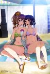 2girls :o :p arm arm_support bag bang_dream! bare_arms bare_legs bare_shoulders beach bikini black_hair blue_eyes blush breasts brown_hair cleavage collarbone eye_contact feet female flower food frappe full_body green_bikini green_swimsuit hair_flower hair_ornament highres holding ice_cream knees_up lavender_bikini lavender_swimsuit legs long_hair looking_at_another medium_breasts midriff multiple_girls mutual_yuri navel neck off_shoulder official_art open_mouth parasol pulling red_eyes sandals short_hair sitting small_breasts smile spoon sunflower swimsuit tongue tongue_out towel ushigome_rimi yamabuki_saaya