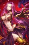 1girl between_legs box_(hotpppink) breastplate breasts cape cleavage creature eyelashes fate/grand_order fate_(series) fingernails gorgon gorgon_(fate) groin hair_intakes highres large_breasts light_particles lips long_hair looking_at_viewer navel open_hand outstretched_arm palms parted_lips pelvic_curtain purple_cape purple_hair purple_lips purple_skirt red_background revealing_clothes rider scales sharp_fingernails skirt snake_hair solo spread_fingers stomach very_long_hair violet_eyes 