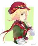  1girl bangs blonde_hair blush braid cabbie_hat character_request copyright_request cream cream_on_face eating food food_on_face fork green_eyes green_shirt hat holding_fork long_sleeves looking_at_viewer neckerchief sailor_collar shirt single_braid solo twitter_username upper_body v yukichi_(eikichi) 