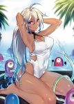  1girl absurdres ahoge armpits arms_behind_head arms_up breasts cleavage closed_mouth covered_navel dark_skin from_side hair_between_eyes halterneck highres hose large_breasts long_hair looking_at_viewer looking_to_the_side maruchi monster one-piece_swimsuit original ponytail sideboob silver_hair sitting smile solo swimsuit tan violet_eyes white_swimsuit 
