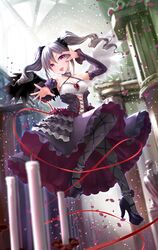  1girl absurdres angel_wings asymmetrical_wings black_legwear breasts cleavage detached_sleeves dress drill_hair gothic_lolita high_heels highres idolmaster idolmaster_cinderella_girls kachayori kanzaki_ranko lolita_fashion long_hair open_mouth pantyhose petals red_eyes ribbon silver_hair solo twin_drills twintails wings 