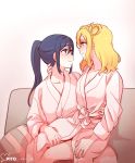  2girls arm_behind_back artist_name bathrobe blonde_hair blue_hair braid couch crown_braid cushion eye_contact face-to-face hair_rings hand_behind_head hand_on_another&#039;s_thigh highres long_hair looking_at_another love_live! love_live!_sunshine!! matsuura_kanan multiple_girls ohara_mari pito_(sh02327) ponytail sitting sitting_on_lap sitting_on_person smile twitter_username violet_eyes yuri 
