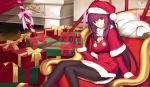  1girl black_legwear box breasts fate/grand_order fate_(series) gae_bolg gift gift_box gloves hat kauto long_hair looking_at_viewer pantyhose purple_hair red_eyes red_gloves santa_hat scathach_(fate/grand_order) sitting smile solo 