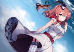  1girl blue_eyes blue_sky breast_pocket breasts clouds cloudy_sky drum_magazine funnels garter_straps highres kantai_collection large_breasts long_hair looking_at_viewer magazine_(weapon) mku ponytail red_neckerchief saratoga_(kantai_collection) scarf sky smile solo wind wind_lift 