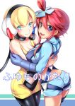  2girls arm ass asymmetrical_docking bangs bare_arms bare_legs bare_shoulders black_choker blonde_hair blue_eyes blush breast_press breasts choker cleavage couple cover cover_page cropped_legs doujin_cover dress eyebrows_visible_through_hair fuuro_(pokemon) gloves gym_leader hair_between_eyes hair_bun hair_ornament headphones highres hips holster hug kamitsure_(pokemon) large_breasts legband legs long_sleeves looking_at_viewer looking_back midriff mintes multiple_girls mutual_yuri navel nintendo open_mouth pantyhose pokemon pokemon_(anime) pokemon_(game) pokemon_bw redhead round_teeth short_hair short_shorts shorts simple_background sleeveless sleeveless_dress small_breasts smile standing suspenders swept_bangs teeth text thigh_holster translation_request white_background yuri 
