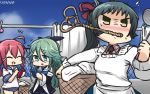  3girls ahoge angry aqua_eyes aqua_hair bare_shoulders black_ribbon blouse blue_skirt blush breasts brown_necktie cellphone clenched_hand closed_eyes commentary day detached_sleeves green_hair hair_ribbon hamu_koutarou highres i-168_(kantai_collection) irako_(kantai_collection) kantai_collection kappougi long_hair medium_breasts multiple_girls necktie open_mouth outdoors phone pink_blouse pink_hair pleated_skirt ponytail ribbon school_uniform serafuku skirt sky smartphone sweatdrop swimsuit swimsuit_under_clothes translated very_long_hair yamakaze_(kantai_collection) yellow_eyes 