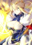  1girl absurdres armor armored_dress artoria_pendragon_lancer_(fate/grand_order) blonde_hair braid breasts cleavage crown dress fate/grand_order fate_(series) female french_braid fur_trim green_eyes hand_holding highres holding holding_weapon lance large_breasts looking_at_viewer no_bra open_mouth polearm saber shiny shiny_hair smile solo sunlight tied_hair upper_body weapon 