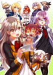  6+girls ahoge alpha_(eren_mfmf) blonde_hair blue_eyes borrowed_character chibi closed_eyes commentary_request dual_persona fate/grand_order fate_(series) flag fujimaru_ritsuka_(female) glasses green_eyes hand_behind_head long_hair multiple_girls necktie olga_marie open_mouth orange_eyes orange_hair pantyhose purple_hair riyo_(lyomsnpmp)_(style) ruler_(fate/apocrypha) ruler_(fate/grand_order) saber shielder_(fate/grand_order) short_hair side_ponytail sweat sword tears violet_eyes weapon white_hair 