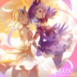  2girls bare_shoulders blonde_hair breasts cleavage closed_eyes dress dual_persona elementalist_lux feathers hand_holding highres interlocked_fingers league_of_legends luxanna_crownguard medium_breasts miniskirt multiple_girls pixiv_id_3756882 purple_hair skirt star tagme violet_eyes 