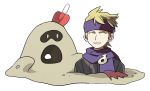  1boy blonde_hair buried closed_eyes furukawa_(yomawari) grin headband male_focus matsuba_(pokemon) open_mouth pokemon pokemon_(creature) pokemon_(game) pokemon_hgss purple_scarf sandygast scarf short_hair shovel smile worktool 