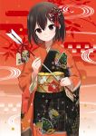  1girl alternate_costume arrow black_eyes black_hair ema hair_ornament hamaya highres holding ica japanese_clothes kantai_collection kimono looking_at_viewer sendai_(kantai_collection) smile solo translation_request two_side_up 