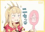  1girl blonde_hair blue_eyes blush blush_stickers cagliostro_(granblue_fantasy) cape colored commentary commentary_request gomennasai granblue_fantasy hair_ornament hand_mirror hood long_hair mirror ribbon simple_background smile solo sparkle white_background 