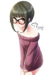  1girl artist_name bangs bare_shoulders black-framed_eyewear blunt_bangs blush brown_eyes collarbone cowboy_shot crying crying_with_eyes_open dated embarrassed full-face_blush glasses green_hair highres kantai_collection looking_at_viewer nekobaka off_shoulder ribbed_sweater signature simple_background solo sweater takanami_(kantai_collection) tears white_background 