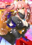  1girl absurdres animal_ears bare_shoulders breasts cleavage fate/extella fate/extra fate_(series) fox_ears fox_tail fur fur_coat fur_trim highres large_breasts long_hair looking_at_viewer pink_hair sarashi shioya_thor smile solo tail tamamo_(fate)_(all) tamamo_no_mae_(fate) yellow_eyes 