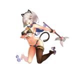  1girl animal_ears arm_at_side armpits asymmetrical_legwear bikini black_bikini black_legwear blue_eyes breast_hold breasts cat_ears cat_tail eyes_visible_through_hair fake_animal_ears full_body gloves hair_ornament hair_over_one_eye hairclip hamakaze_(kantai_collection) kantai_collection kneeling large_breasts looking_at_viewer magical_girl midriff navel necolab open_mouth sideboob silver_hair single_thighhigh swimsuit tail thigh-highs thigh_strap thighs under_boob white_gloves wrist_cuffs 