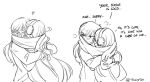  2girls aqua_(fire_emblem_if) artist_name blush closed_eyes cold earmuffs english face-to-face female_my_unit_(fire_emblem_if) finger_to_another&#039;s_mouth fire_emblem fire_emblem_if greyscale hands_on_another&#039;s_face heart hug kiss monochrome multiple_girls my_unit_(fire_emblem_if) pointy_ears scarf shared_scarf ticcy yuri 