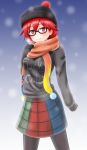  1girl adapted_costume bespectacled black-framed_eyewear black_sweater blush clothes_writing glasses hecatia_lapislazuli highres knit_hat looking_at_viewer migi_ma_hidari multicolored_skirt pantyhose red_eyes redhead scarf short_hair smile snow solo sweater touhou 