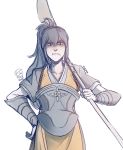  1girl armor artist_name blue_hair fire_emblem fire_emblem_if hand_on_hip japanese_clothes long_hair looking_at_viewer muted_color naginata oboro_(fire_emblem_if) polearm ponytail scowl solo ticcy weapon 