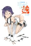  1girl ass breasts eyebrows_visible_through_hair fingerless_gloves fishnets gloves kunai kusada large_breasts looking_at_viewer original purple_hair red_eyes seiza short_hair shuriken sideboob sitting sketch solo thigh-highs weapon white_gloves 