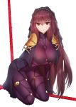  1girl bodysuit breast_hold breasts fate/grand_order fate_(series) gae_bolg kneeling large_breasts long_hair looking_at_viewer parted_lips pauldrons polearm purple_bodysuit purple_hair red_eyes scathach_(fate/grand_order) simple_background solo spear veil weapon white_background yaman_(yamanta_lov) 