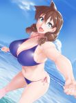  1girl :d amano_megumi amano_megumi_wa_suki_darake! bikini blue_bikini breasts brown_hair clouds fang highres holding_hand lappuru large_breasts long_hair looking_at_viewer navel open_mouth side-tie_bikini sky smile solo_focus swimsuit thighs water 