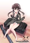  1girl animal_ears barefoot blush breasts brown_eyes brown_hair character_name cleavage collarbone dog_ears dog_tail gertrud_barkhorn gun hair_ribbon legs logo long_hair long_sleeves looking_at_viewer machine_gun mg42 military military_uniform mutsumi_masato panties ribbon shiny shiny_hair shiny_skin sitting smile solo strike_witches tail twintails underwear uniform untied weapon white_panties world_witches_series 