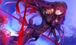  1girl blurry bodysuit breasts depth_of_field dual_wielding dutch_angle fate/grand_order fate_(series) flower fuyuki_(neigedhiver) gae_bolg large_breasts long_hair looking_at_viewer pauldrons polearm purple_bodysuit purple_hair red_eyes scathach_(fate/grand_order) smile solo spear spider_lily veil weapon 